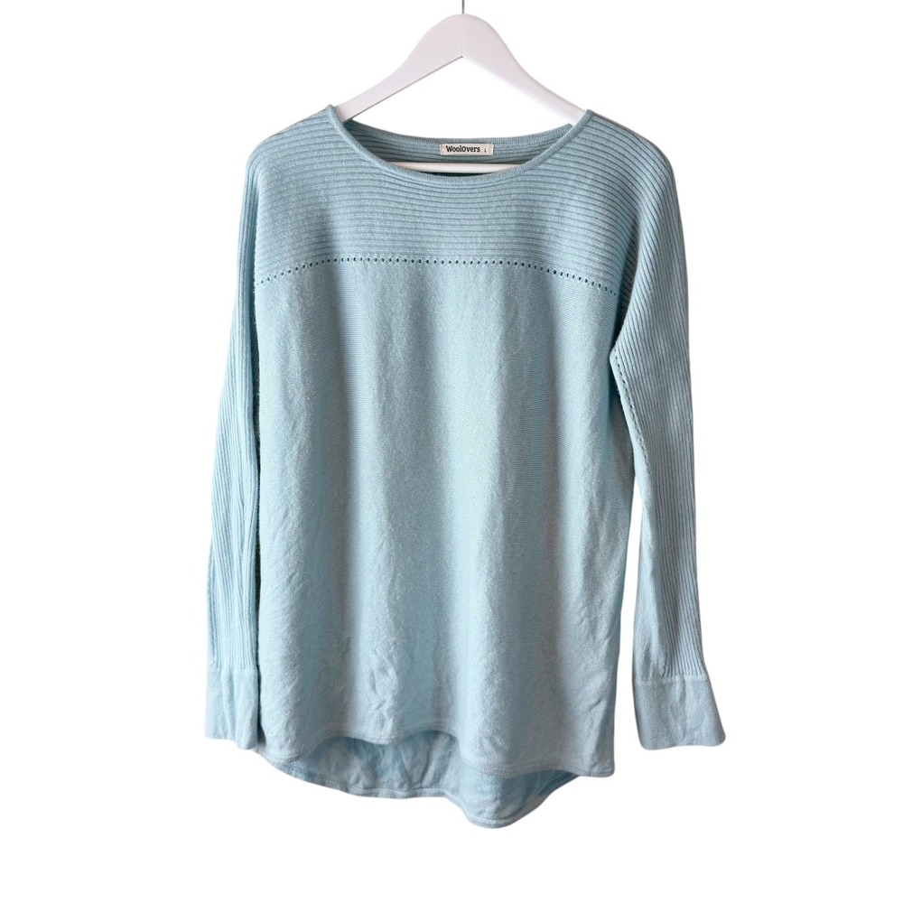 Woolovers Wool Cashmere Blue Ribbed Knit Crew Neck Sweater Long Sleeve Size‎ L